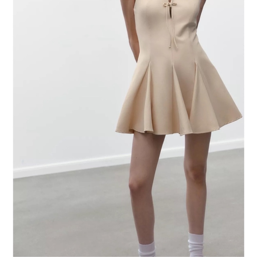 Zara Beige Mini Godet Fit & Flare Dress w/ Front Bow Detail, Sleeveless Sz M NWT - Picture 8 of 8